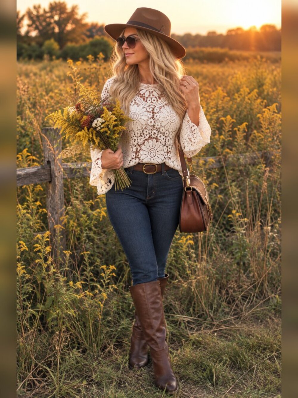 White Crochet Lace Floral Top Long Sleeve Boho Bohemian Fall Autumn size medium